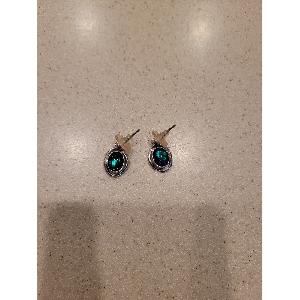 Vintage Style Iridescent Blue Green Oval Stud Earrings Silver Tone Boho Cabochon